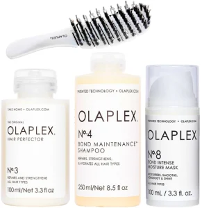 OLAPLEX סט שמפו טיפול מספר 4 + מסכת לחות אינטנסיבית מספר 8 + הייר פרפקטור מספר 3 + מברשת שיער