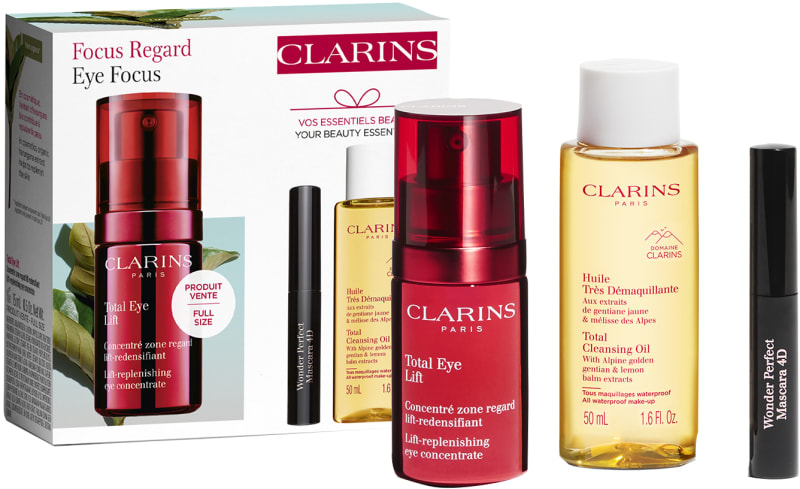 CLARINS TOTAL EYE LIFT סט קרם עיניים + מסקרה + שמן ניקוי לפנים