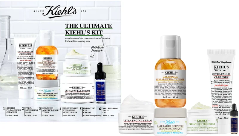 KIEHL'S סט סבון פנים + מי פנים + מסיכת חימר + קרם פנים + קרם עיניים + סרום לילה