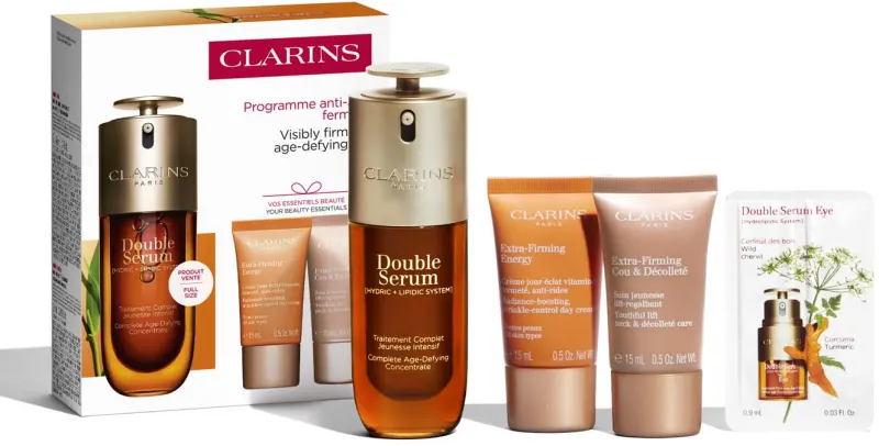 CLARINS DOUBLE SERUM & EXTRA FIRMING  מארז סרום + קרם יום + קרם לילה + דוגמית סרום עיניים