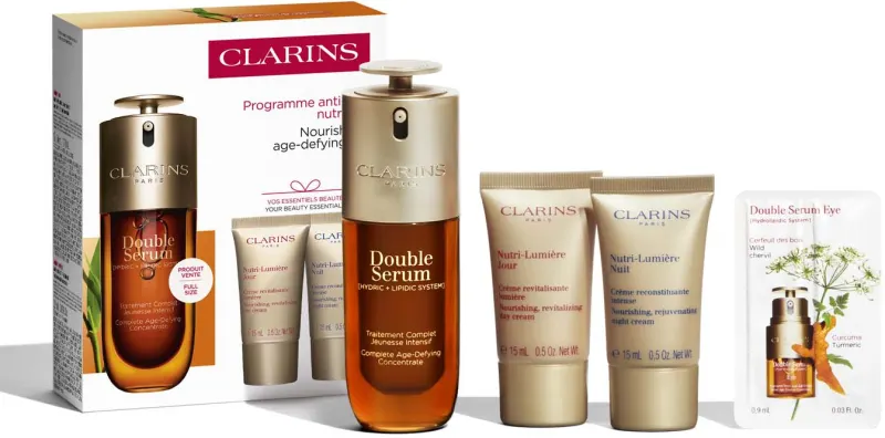 CLARINS DOUBLE SERUM + NUTRI LUMIERE מארז סרום + קרם יום + קרם לילה + דוגמית סרום