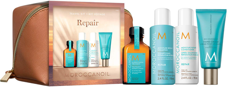 MOROCCANOIL סט נסיעות לטיפול בשיער פגום: שמפו + מרכך + שמן טיפולי + קרם ידיים