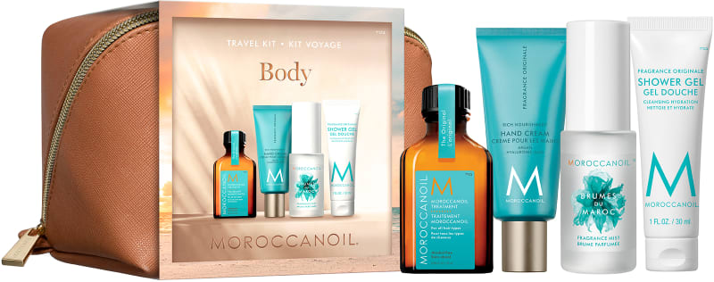 MOROCCANOIL סט נסיעות הכולל לטיפוח הגוף והשיער המכיל : שמן טיפוח + ג'ל רחצה + קרם ידיים + ספריי מרענן לשיער ולגוף
