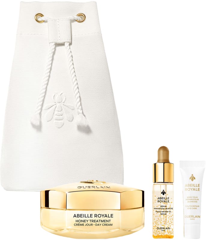 GUERLAIN ABEILLE ROYALE סט קרם לחות + סרום + קרם עיניים + תיק יוקרתי