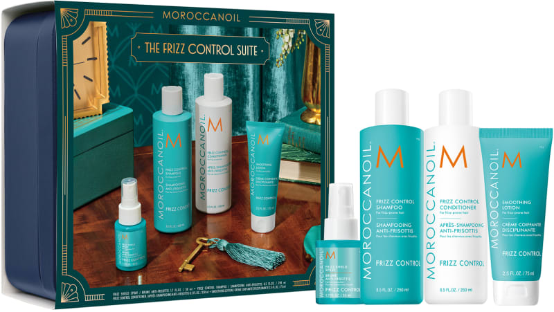 MOROCCANOIL FRIZZ CONTROL סט שמפו + מרכך + ספריי מנטרל קירזול + קרם סמוטינג לשיער